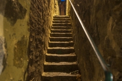 POUZAUGES-DE-NUIT-RUELLE-1-DDPOUZAUGES-DE-NUIT-2019-40 - Venelle Alix de Pouzauges (1242) épouse de Guy Premier, petite fille de Maxence. C’est elle qui donne l’héraldique du blason de Pouzauges. Une des plus étroites venelles si ce n’est la plus étroite avec ses 70 cm de large entre murs. Une fois franchit ses 18 marches elle se poursuit par un long passage aussi étroit jusqu’à une petite place donnant sur la place de l’église.